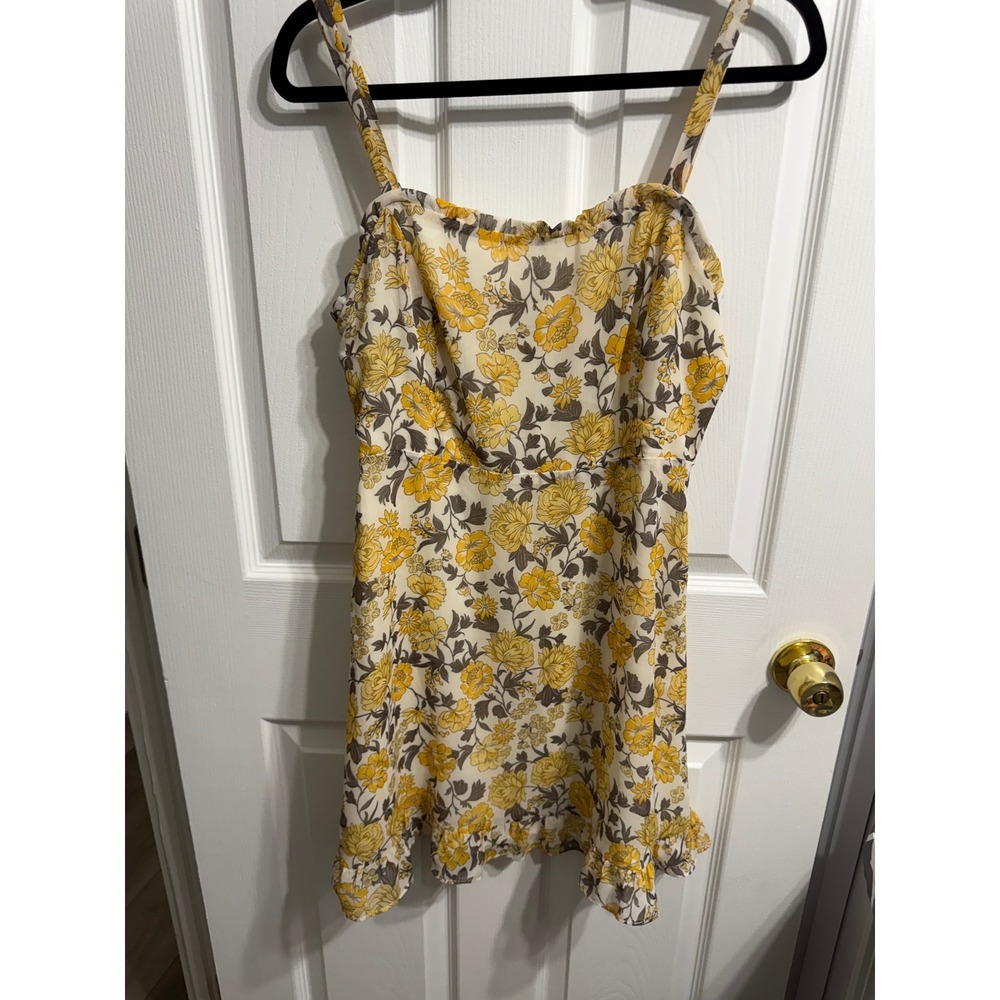 Lush Women Yellow Grey Floral Ruffle Mini Dress Spaghetti Strap Size M